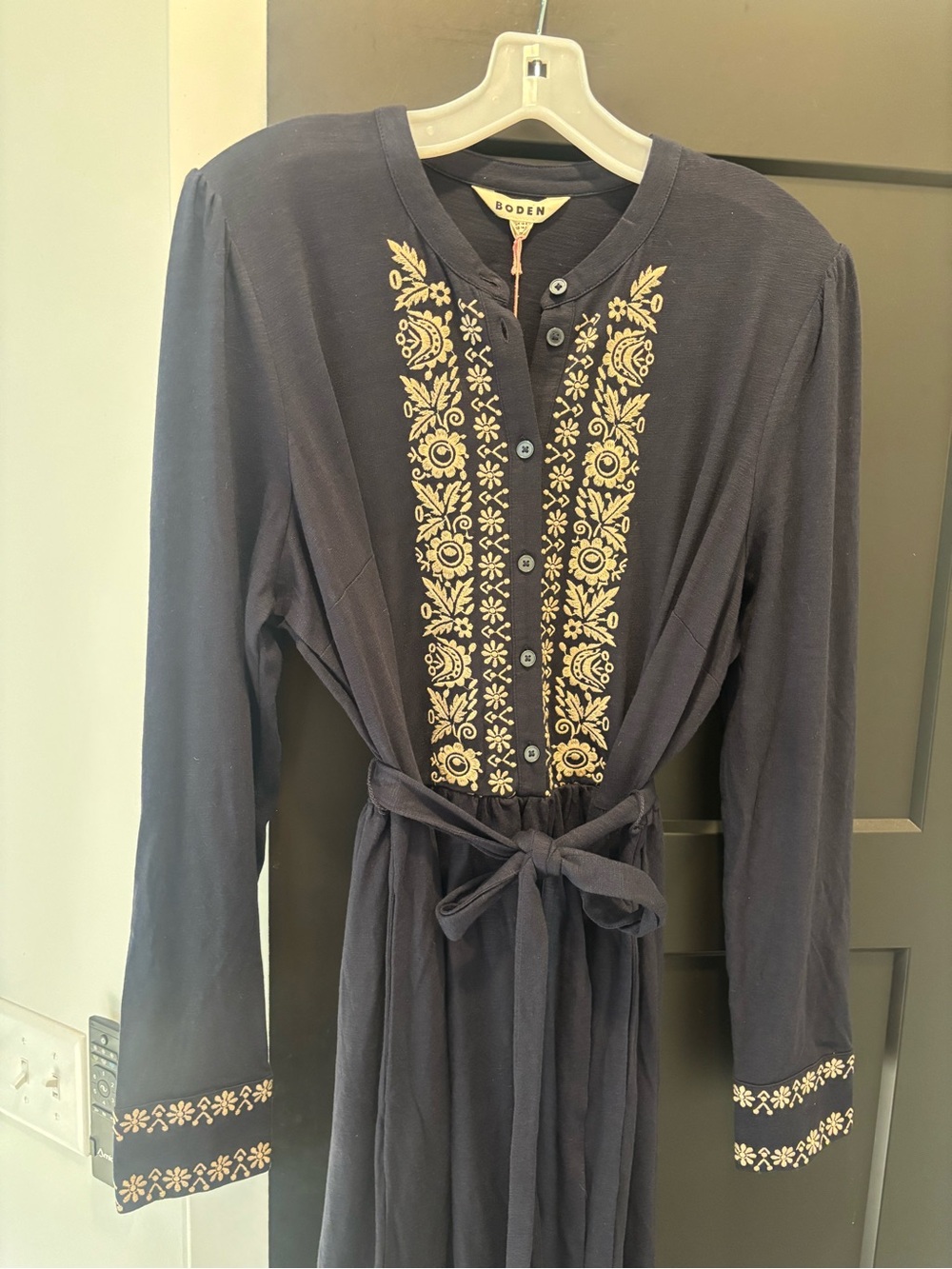 Boden Edwina Jersey Shirt Dress Midi Embroidered Navy Long Sleeve 14 Reg NWT - Picture 7 of 12